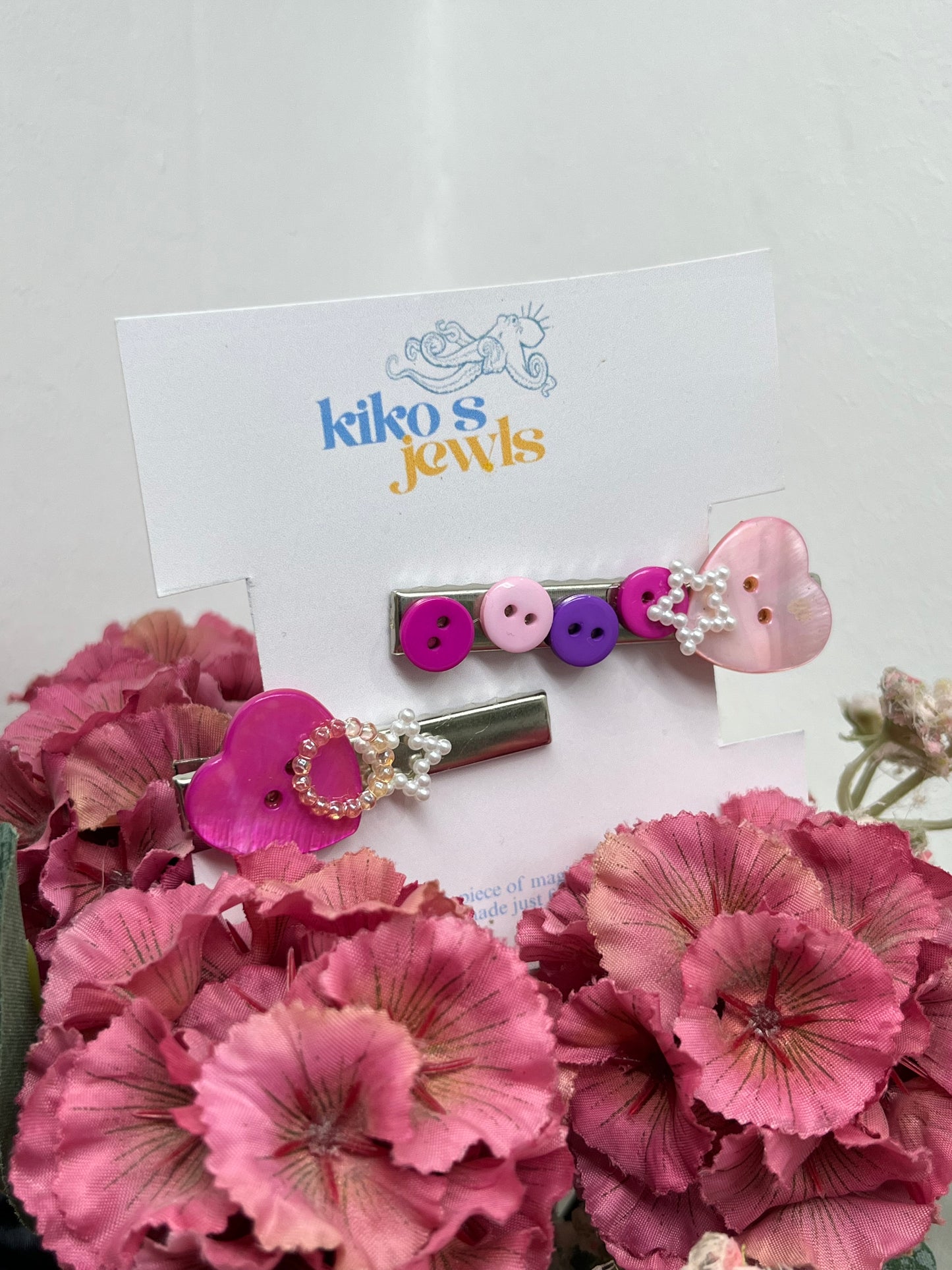 pink heart buttons hair clips set