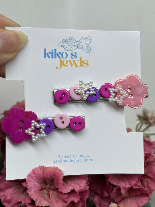 Pink flower buttons hair clips set