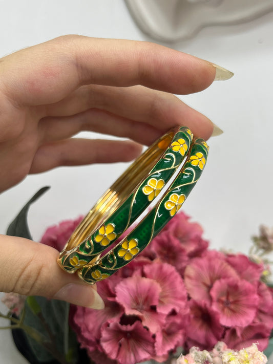 Whimsical Woodland Green & Sunlit Yellow Floral Bangles