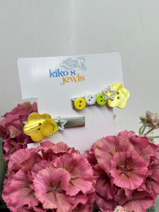 Yellow flower buttons hair clips set