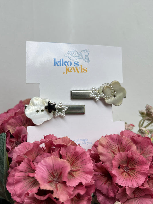 grey flower buttons hair clips set