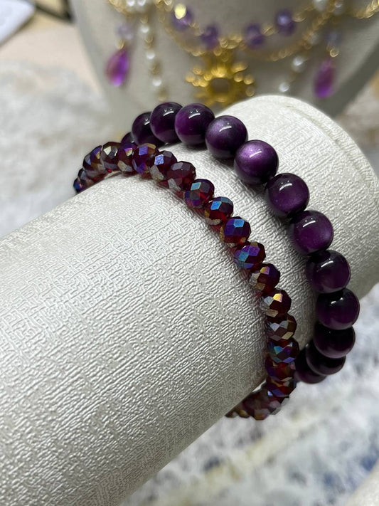 Purple Cat-Eye Bead Bracelet Set