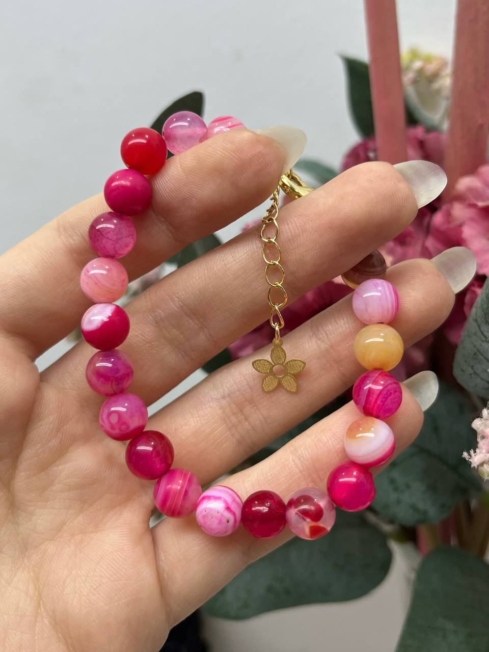 Pink Agate Flora Beaded Bracelet