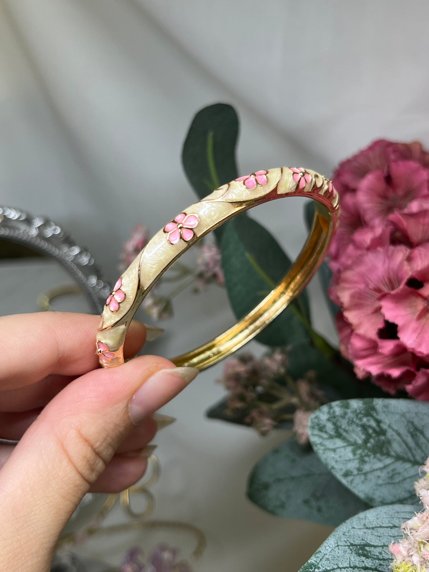 Serene Ivory & Blush Rose Gilded Enamel Bangle
