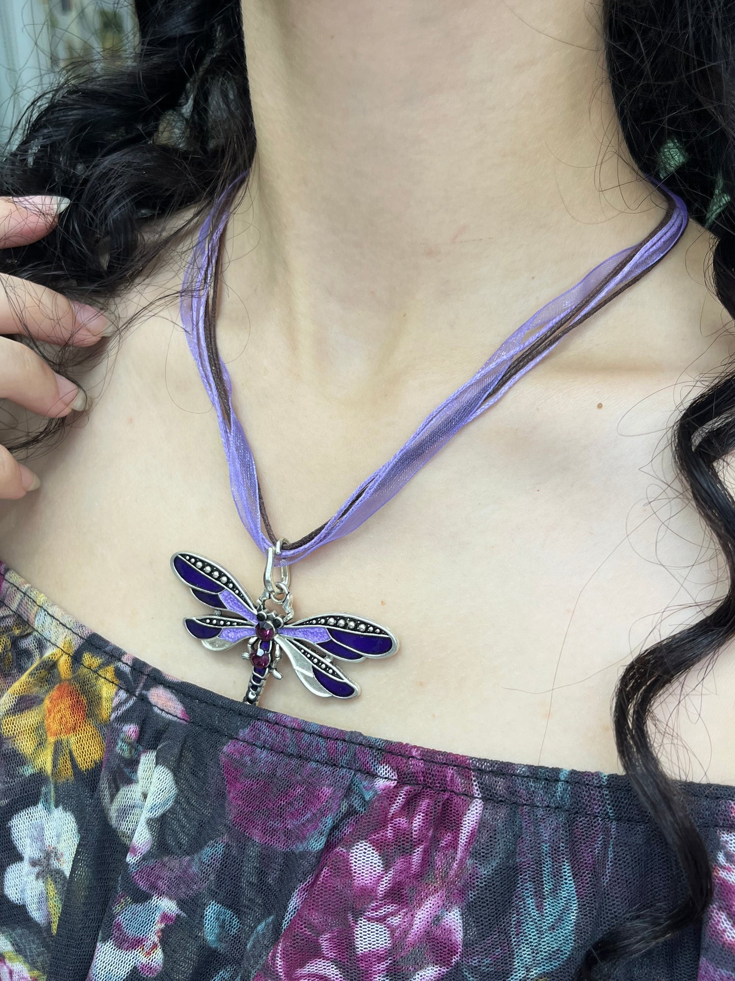 Purple dragonfly threaded necklace