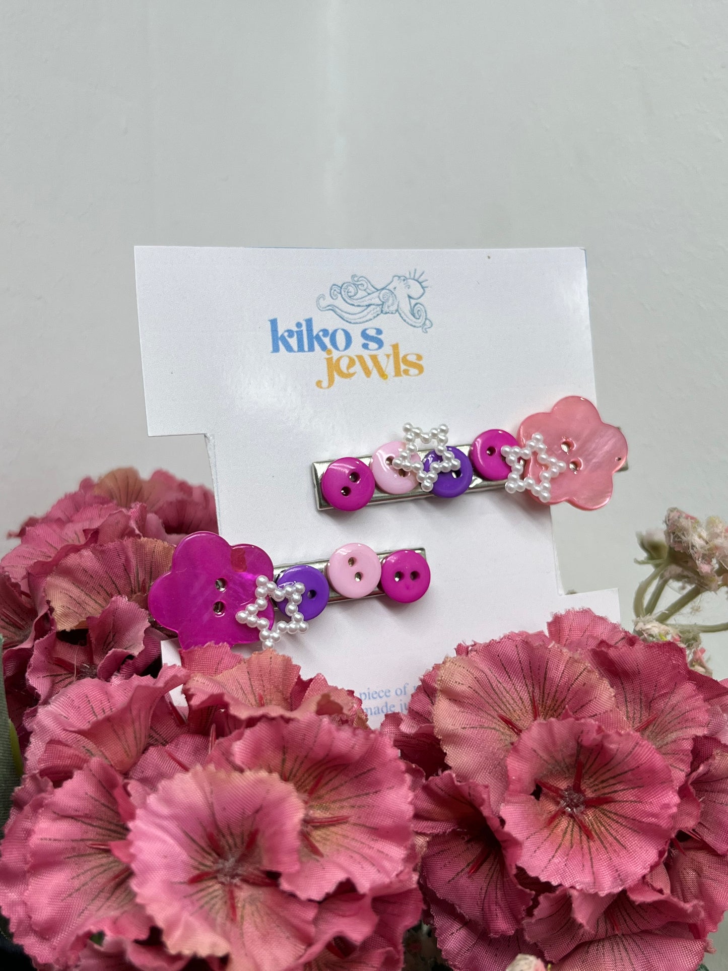 Pink flower buttons hair clips set
