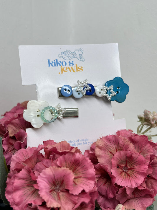 Blue flower buttons hair clips set