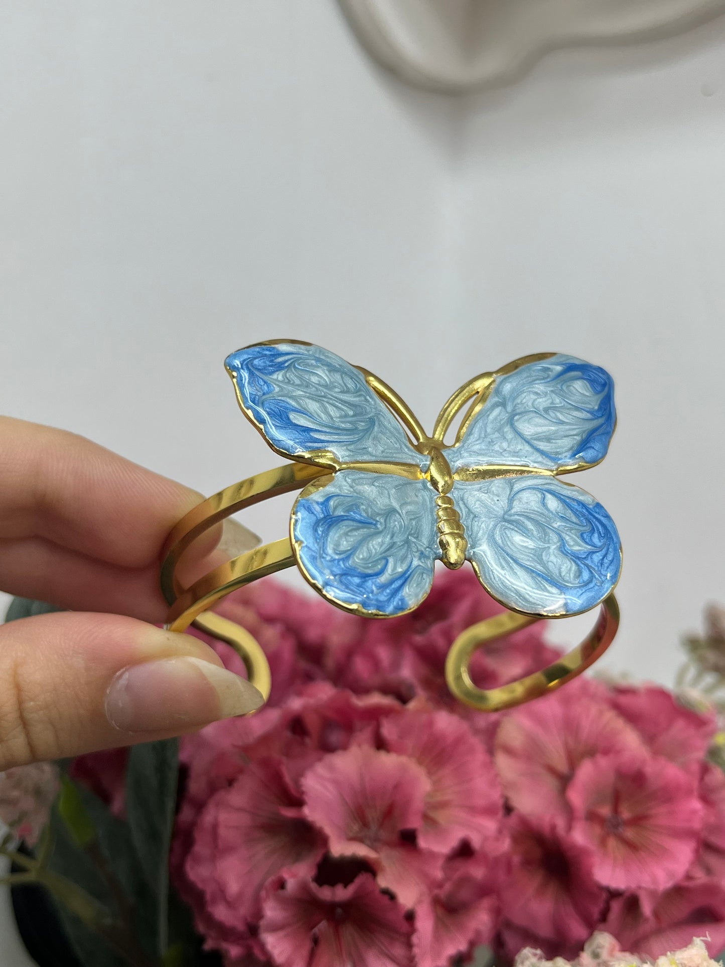 Ethereal Marbled Blue Butterfly Cuff Bracelet