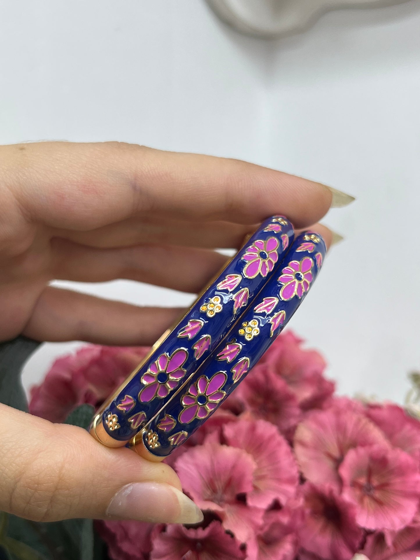 Midnight Blue & Pink Floral Enamel Bangles