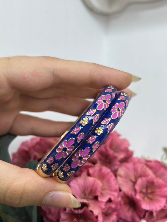 Midnight Blue & Pink Floral Enamel Bangles