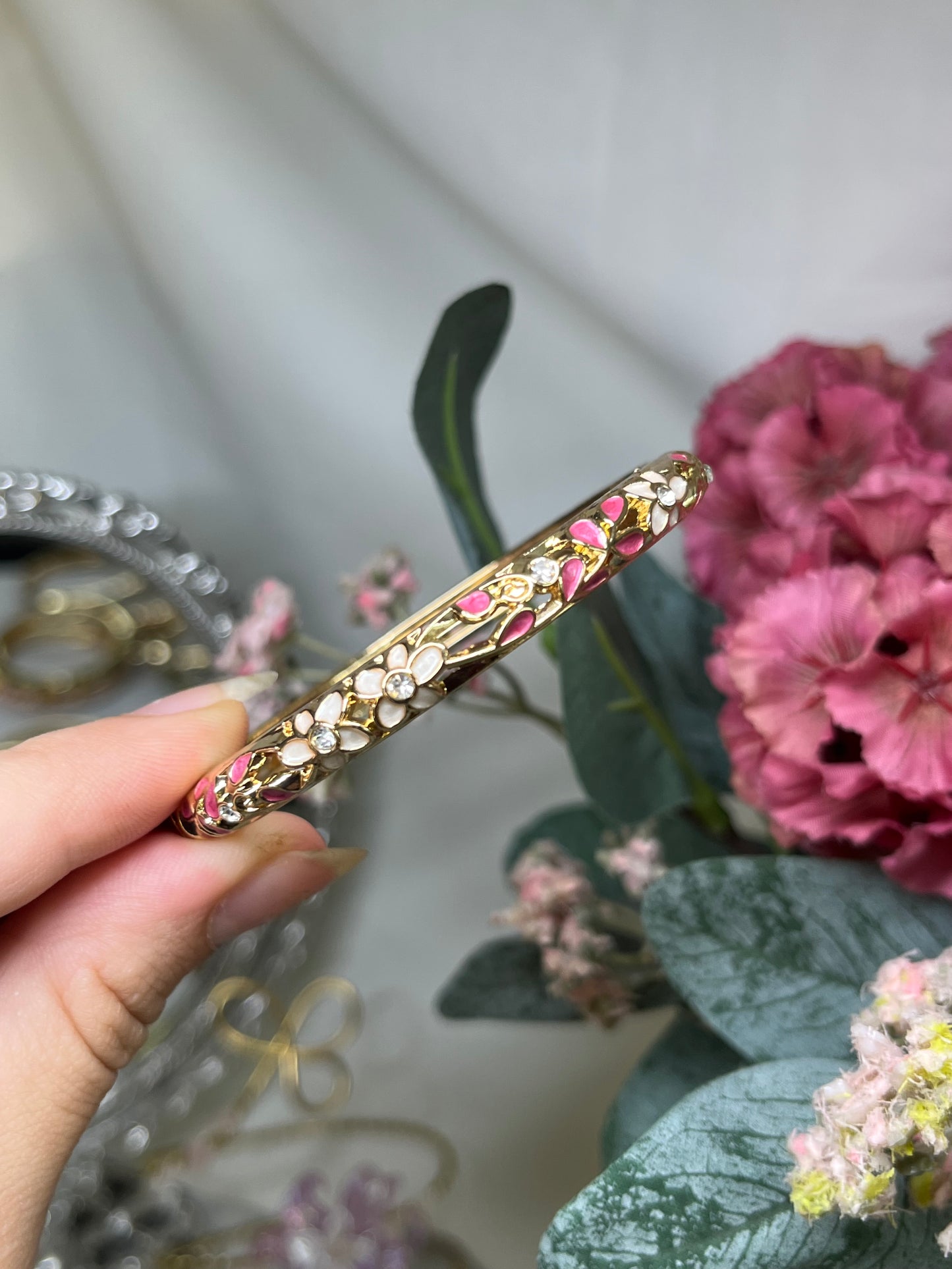 Enchanted Pearl Blossom &amp; Fuchsia Crystal Vine Bangle