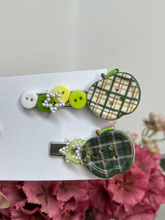 green apples buttons hair clips