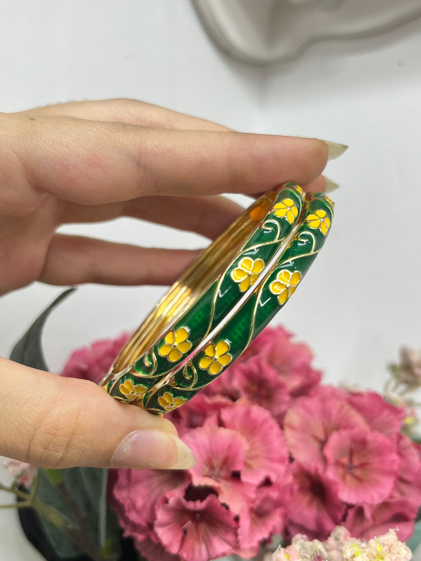 Whimsical Woodland Green & Sunlit Yellow Floral Bangles