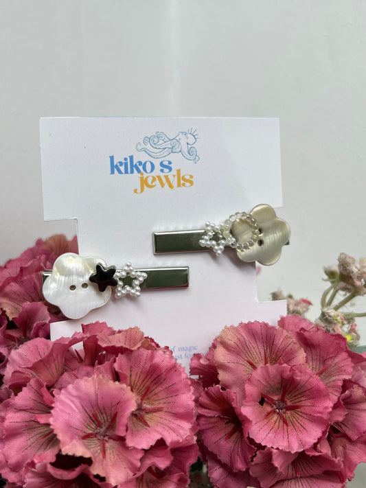grey flower buttons hair clips set