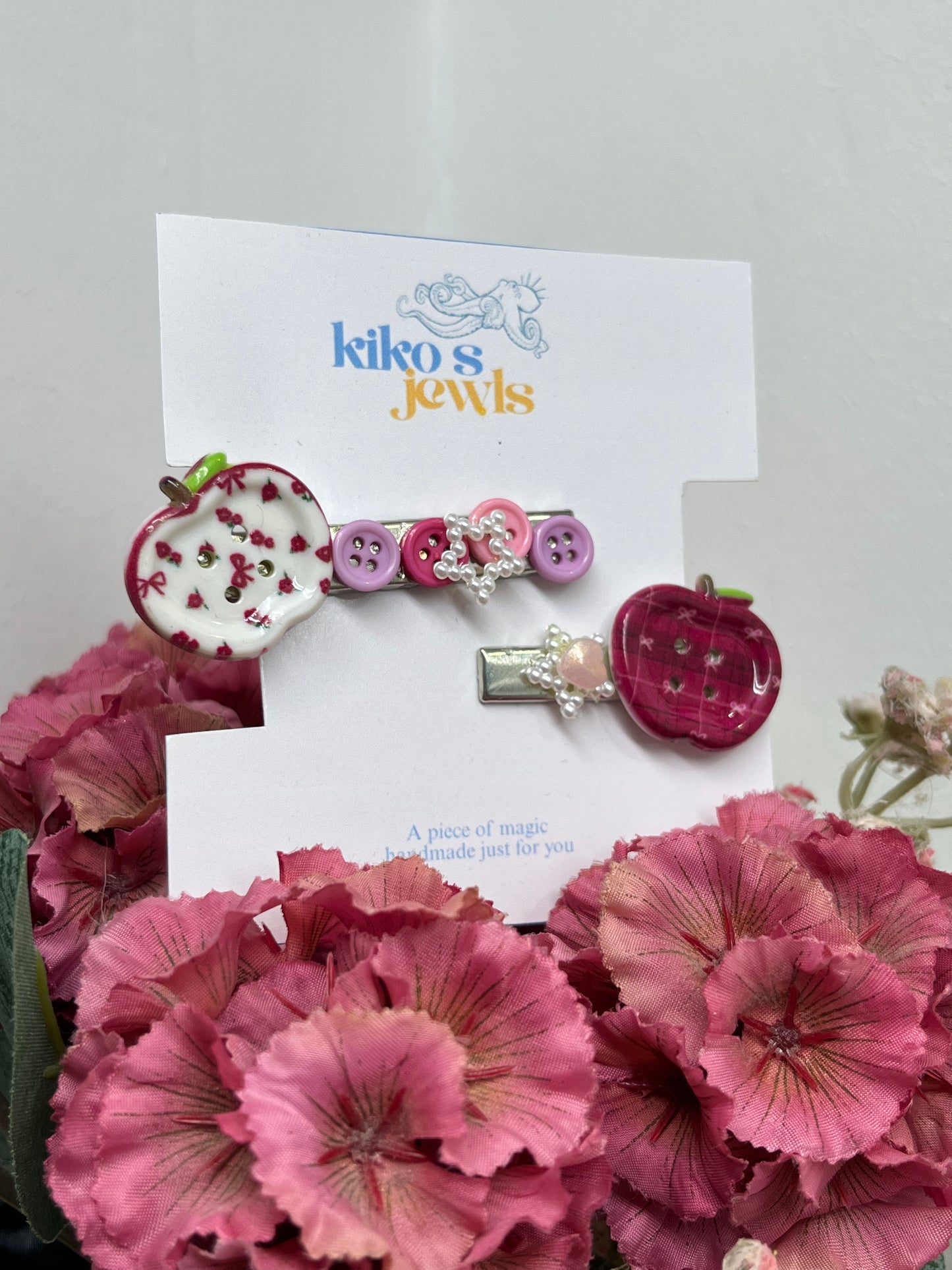 pink apple buttons hair clips set