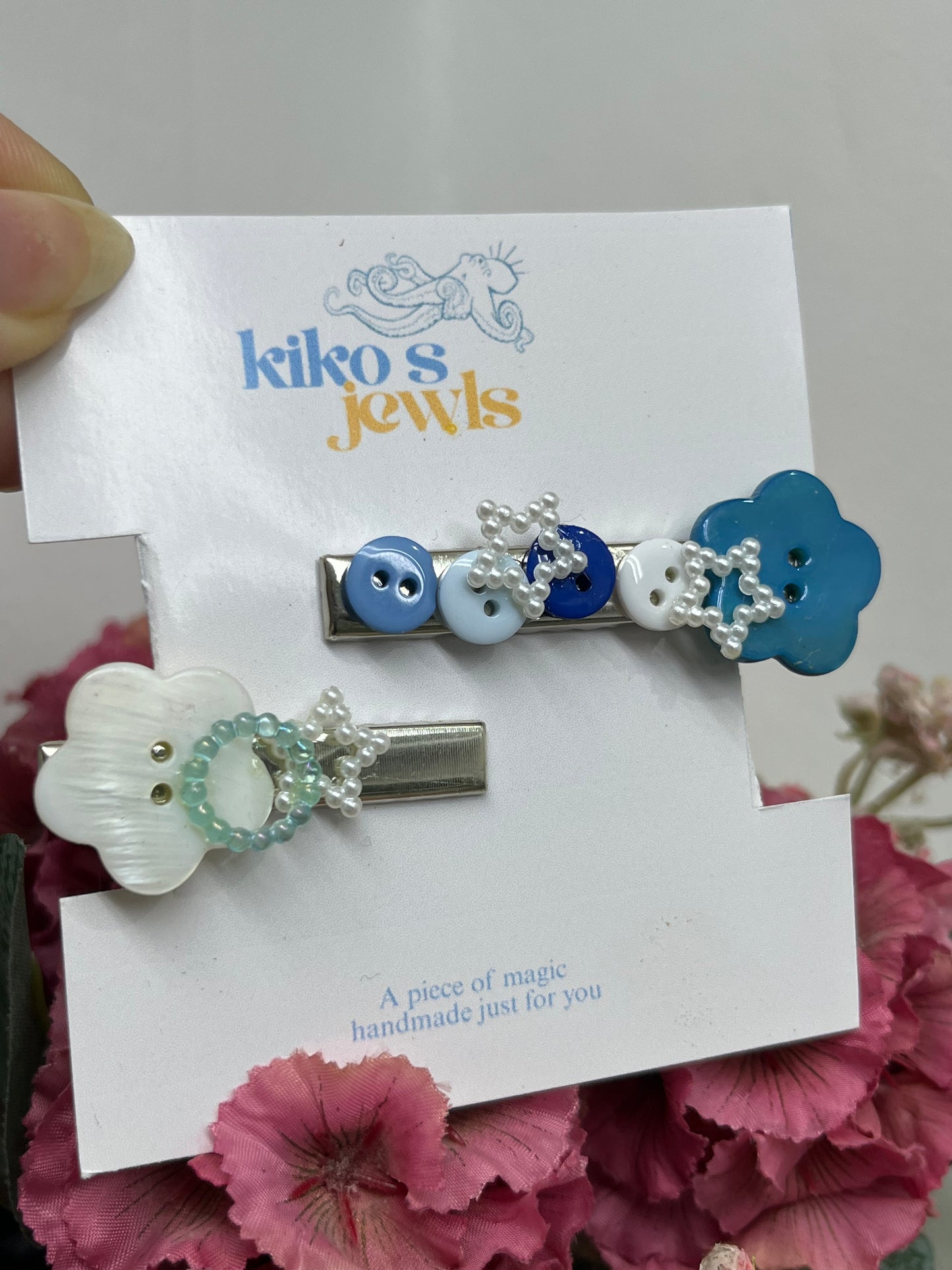 Blue flower buttons hair clips set