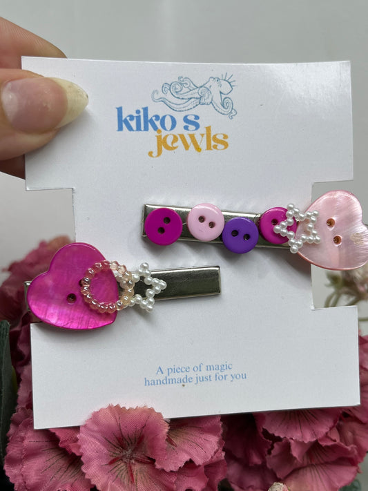 pink heart buttons hair clips set