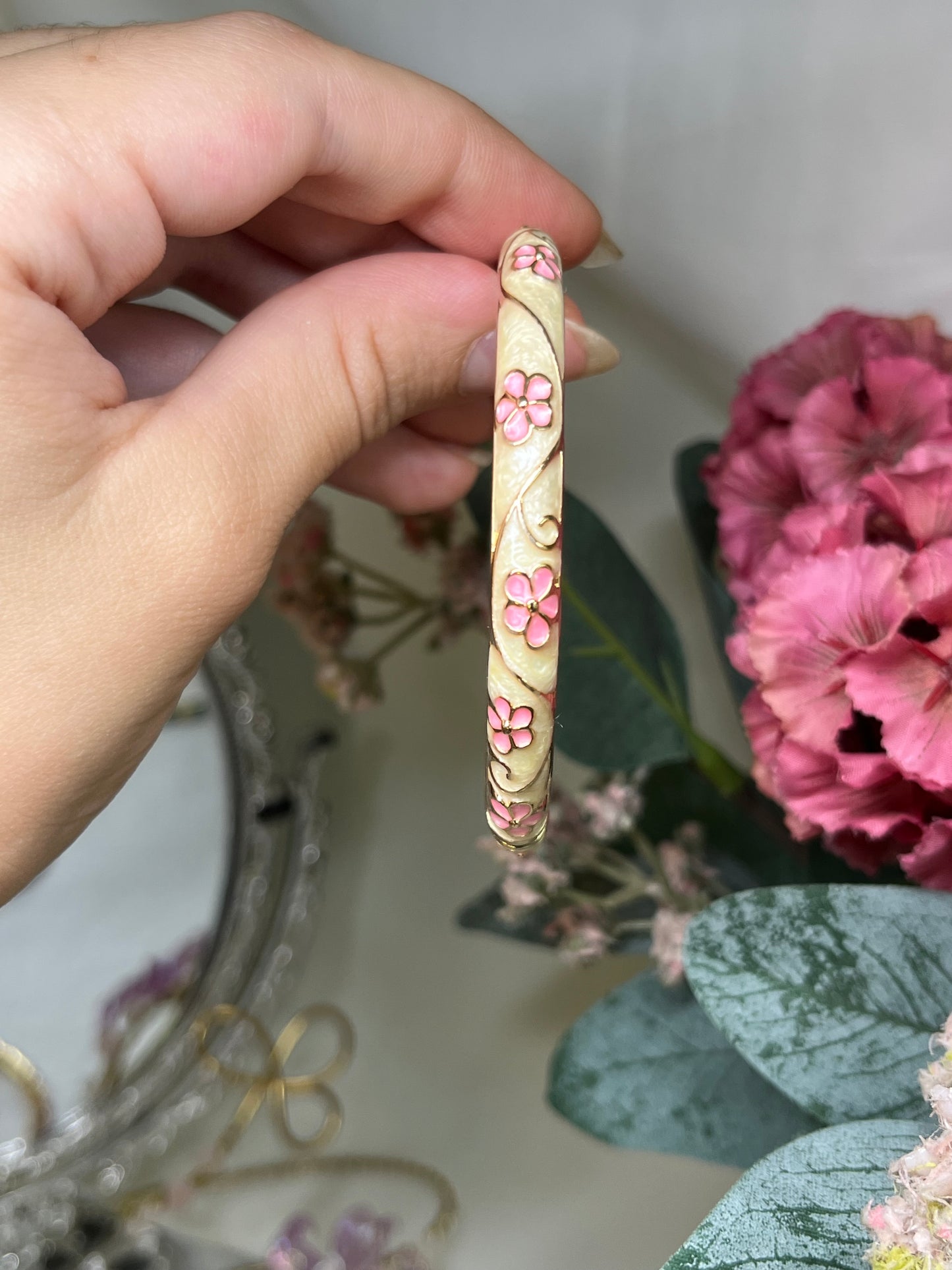 Serene Ivory & Blush Rose Gilded Enamel Bangle