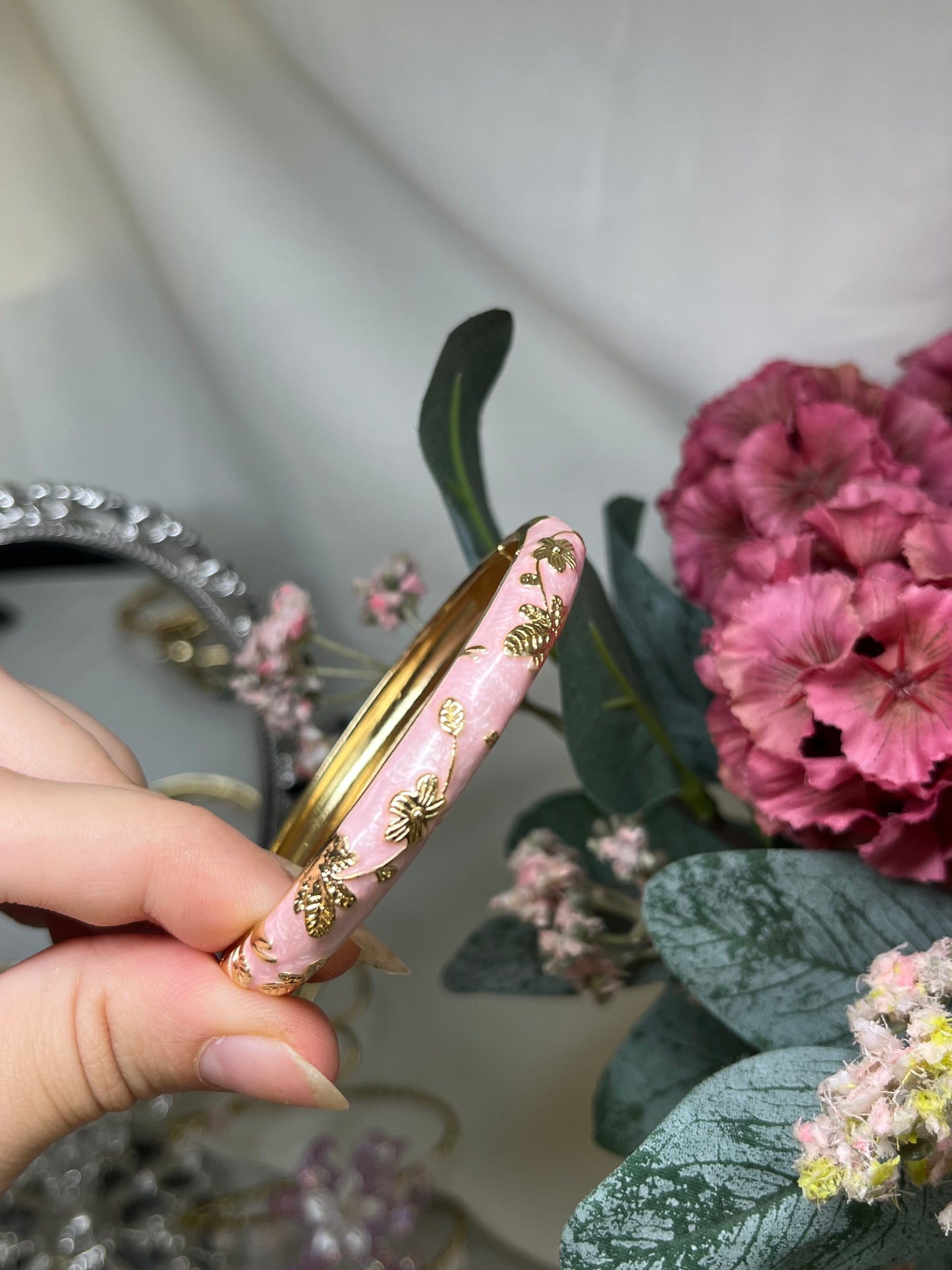 Enchanted Petal Pink & Gilded Flora Bangle