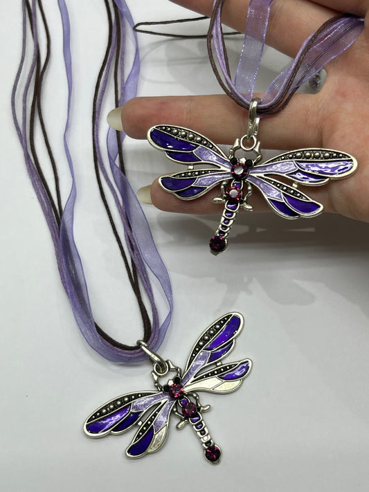 Purple dragonfly threaded necklace