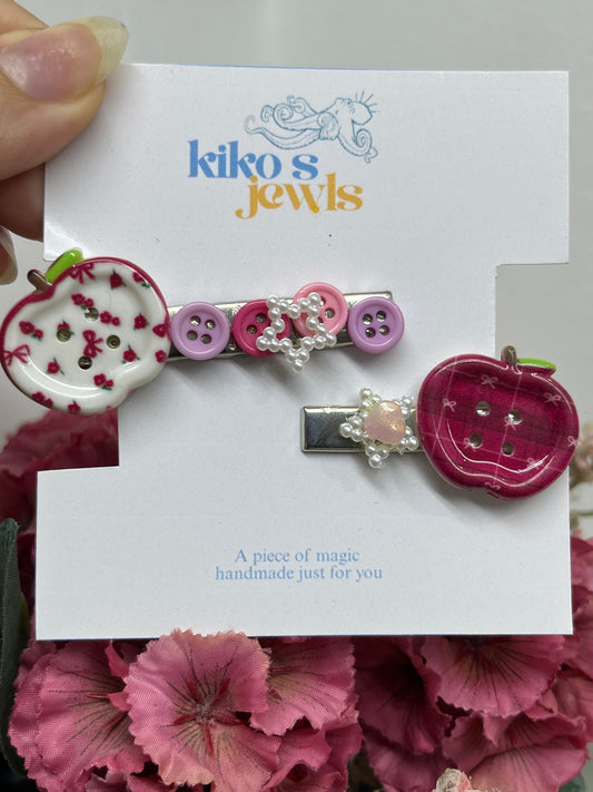 pink apple buttons hair clips set