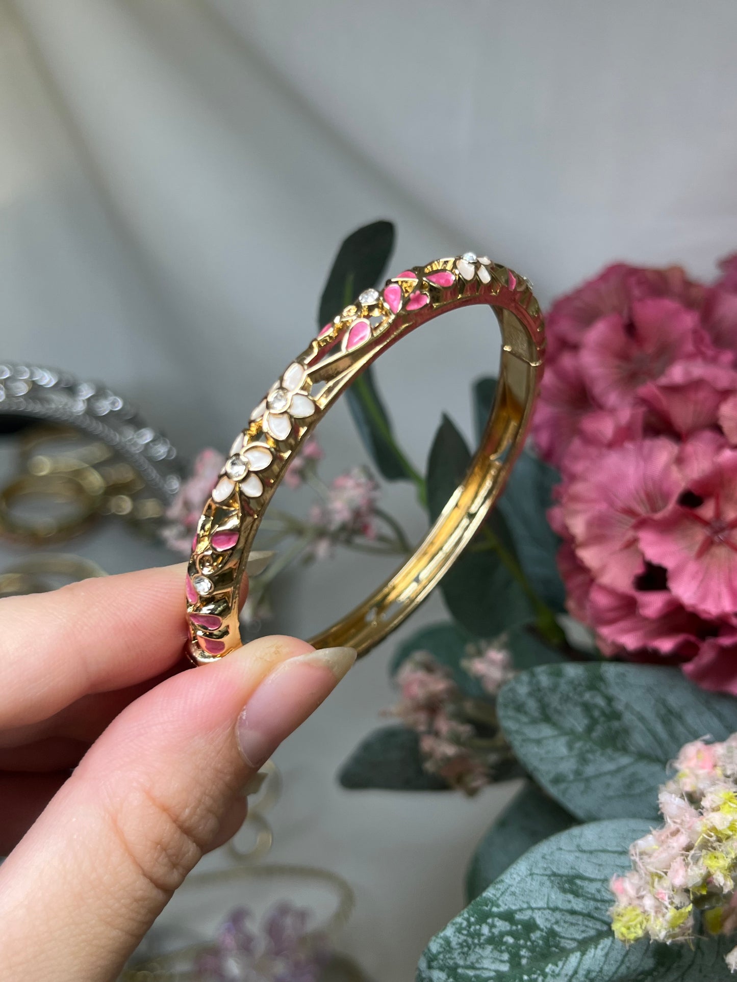 Enchanted Pearl Blossom &amp; Fuchsia Crystal Vine Bangle