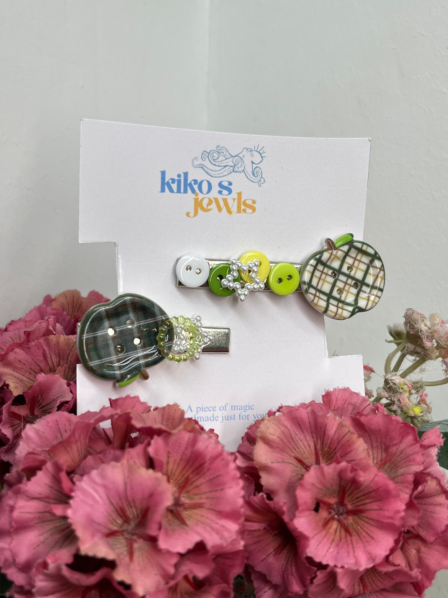 green apples buttons hair clips