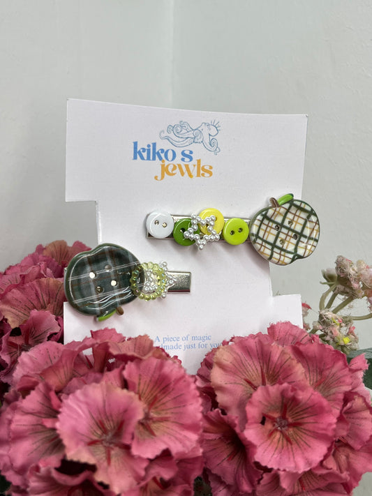 green apples buttons hair clips
