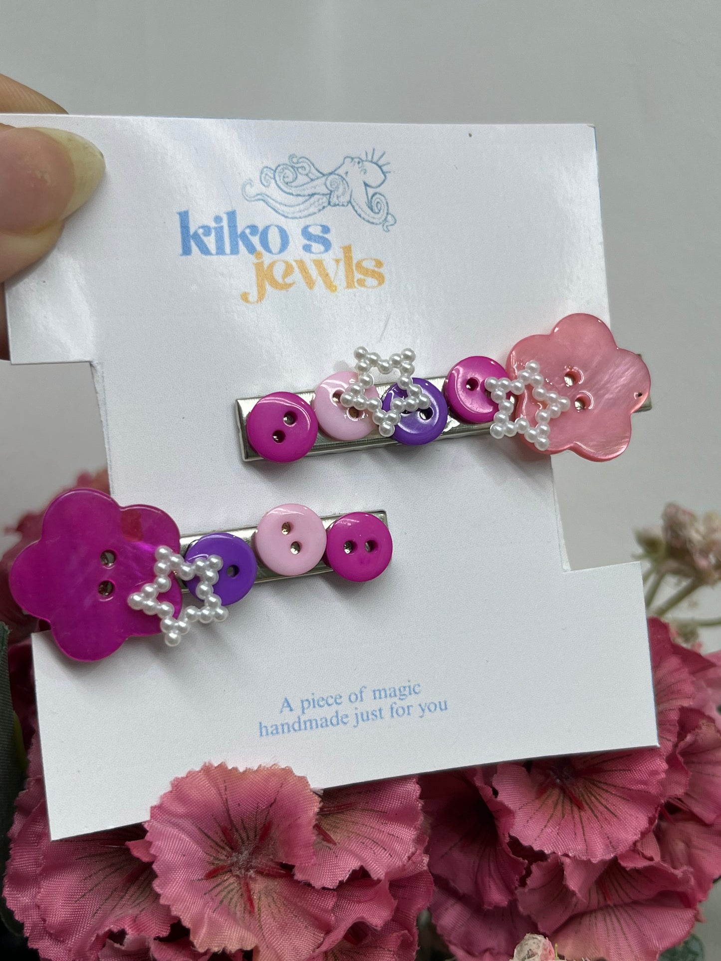 Pink flower buttons hair clips set