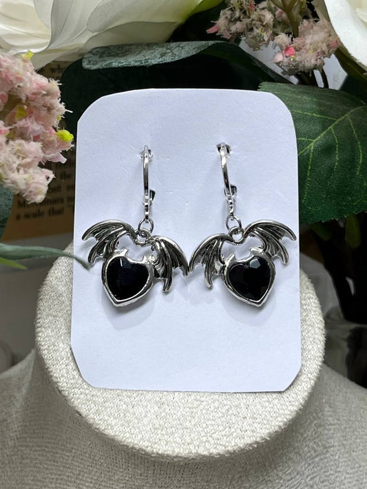 Black Enamel Winged Heart Earrings