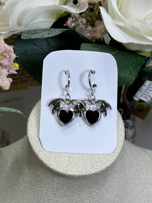 Black Enamel Winged Heart Earrings