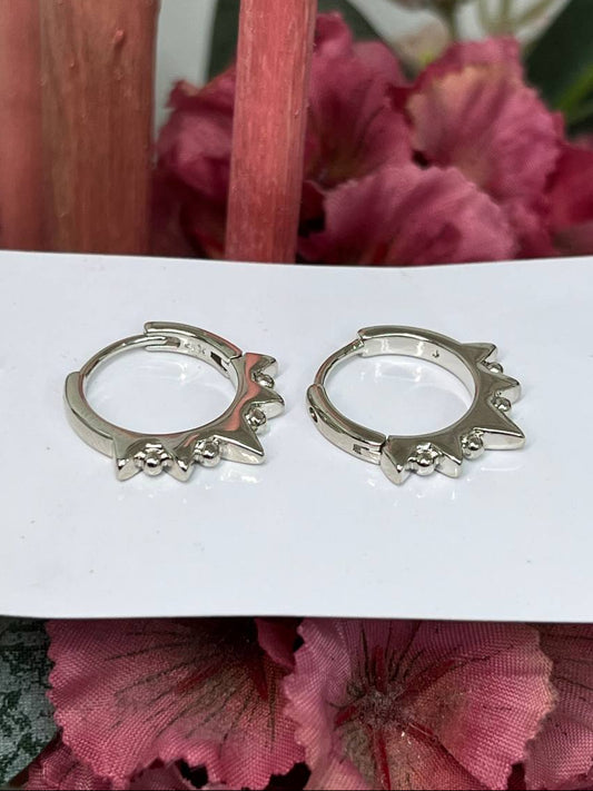 Silver hoop earrings on a white card with pink flowers in the background