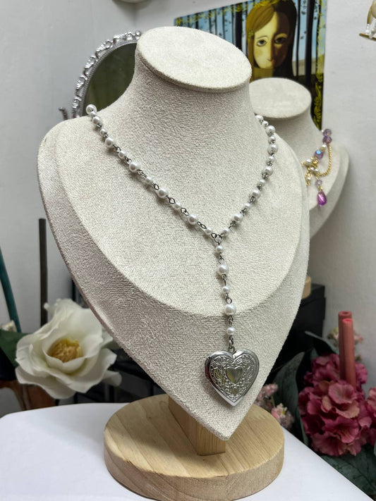 Rosary heart locket necklace