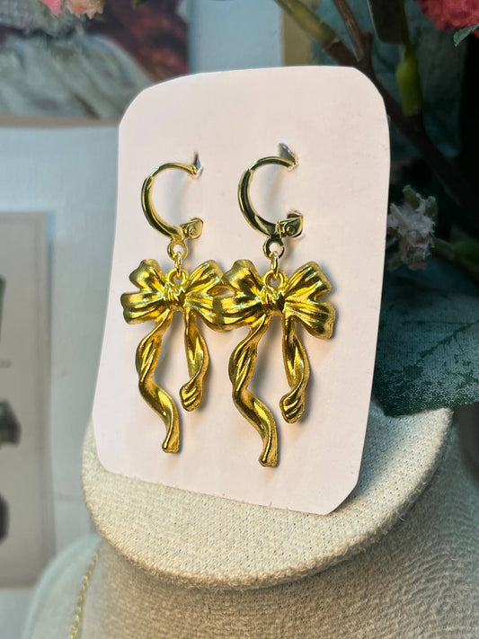 Golden Ribbon Bow Hoops