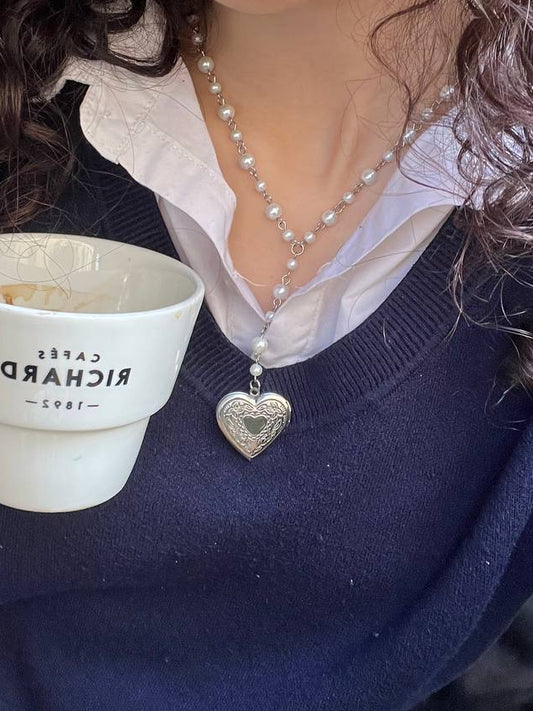 Rosary heart locket necklace